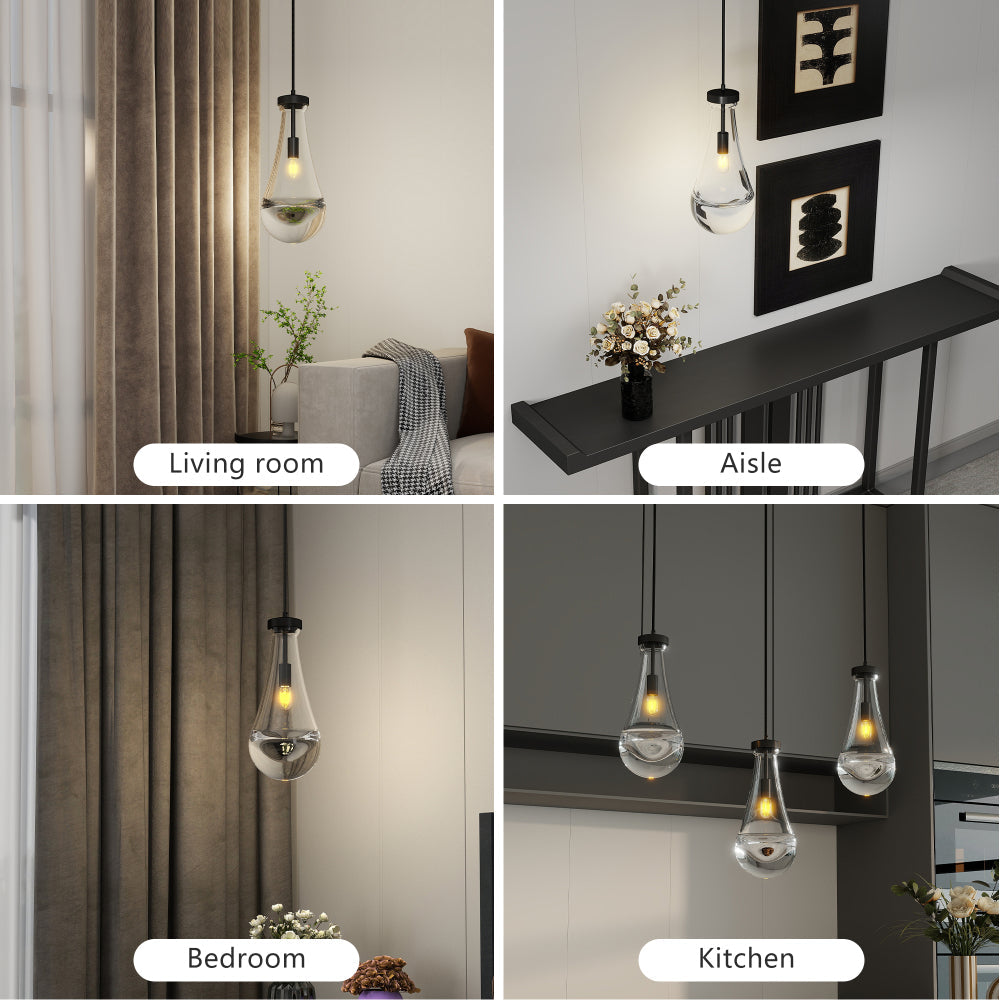 Raindrop Pendant Light – Hand-Blown Clear Glass Shade & Brass/Black Rod | Kitchen Island, Dining Room & Entryway