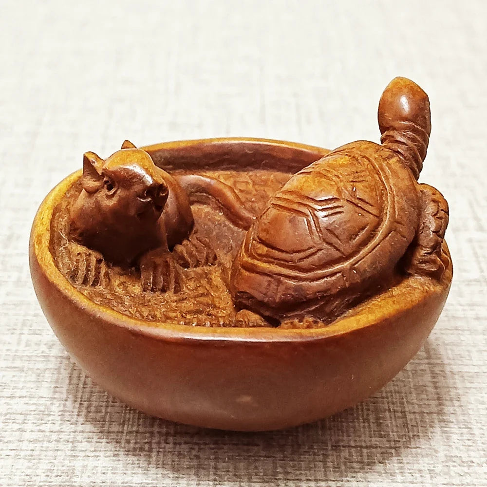 2" Boxwood Mouse & Turtle Netsuke – Japanese Animal Miniature