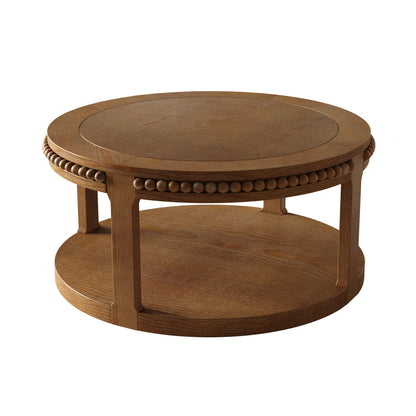 31.5" Round Solid Wood Coffee Table — Two-Tier Shelf, Natural Finish