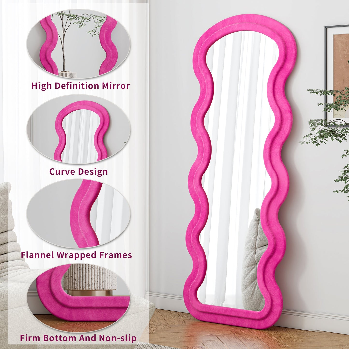 Floor Mirror Full Length Wave Flannel Frame Rose 63x24 In Lean or Hang
