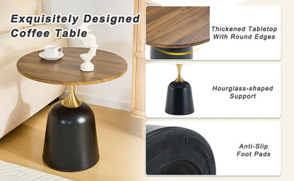 23.6 in Round Side Table, Metal Base, Walnut Wood Grain, Living Room Office