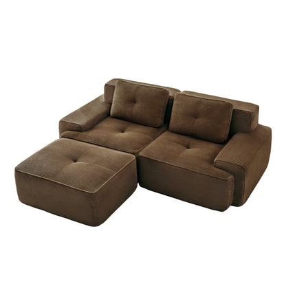 Sectional loveseat L-Shape Corduroy Brown 2 Seat Modular with Ottoman 82 In