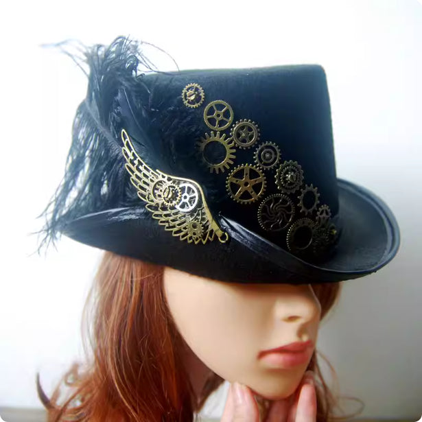 Retro Steampunk Ball Gatsby Hat With Winged Feathers