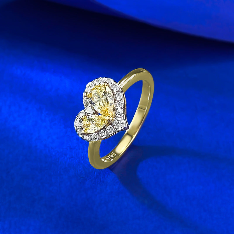 S925 Silver Pear-shaped Yellow Diamond Heart-shaped Ring For Women