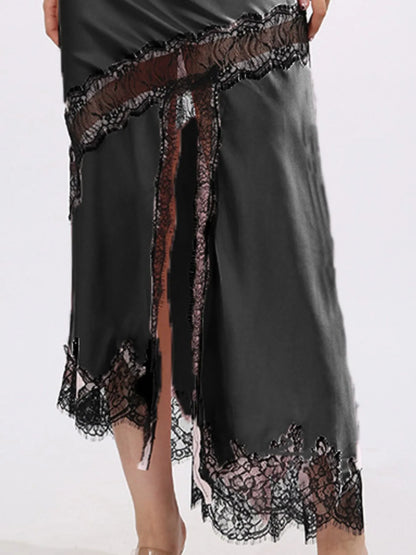 Lace Trim Asymmetrical Midi Skirt
