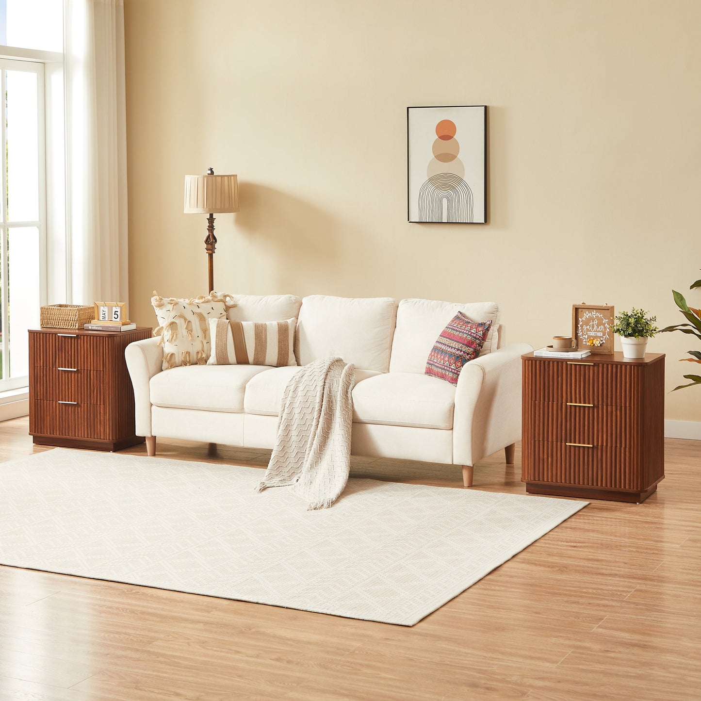 3-Drawer Nightstand Set of 2, 23.6 in Wide, Curved Wave Design, Walnut