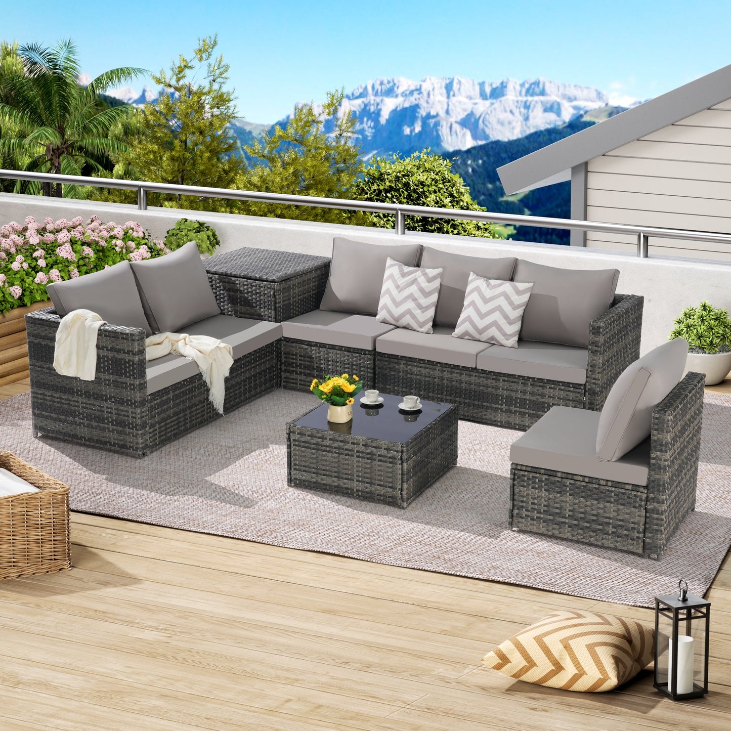 Outdoor Sectional Set PE Rattan 6 Piece L-Shape Gray