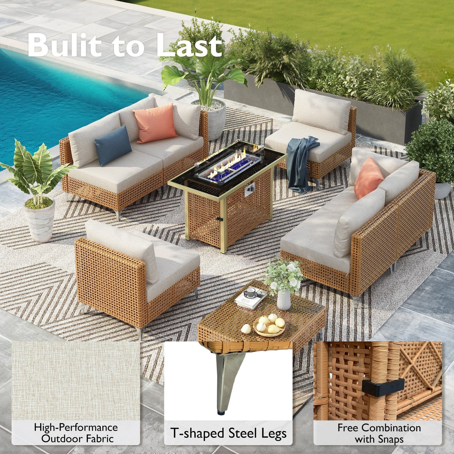 Outdoor Patio Set with Fire Pit Table Rattan Metal Beige 8 Piece