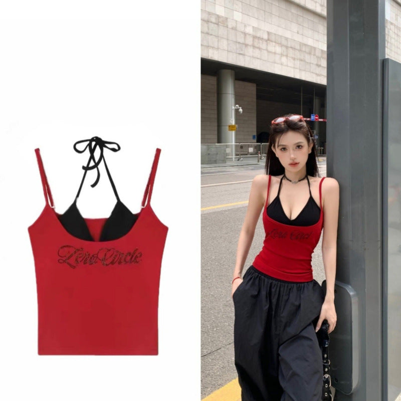 Spicy Chic Rhinestone-Embellished Camisole Tank Top Pure & Alluring Slim-Fit Short Top