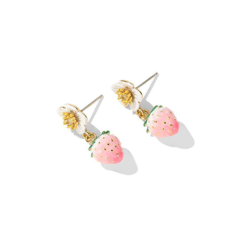 Enamel Strawberry Silver Needle Earrings For Women