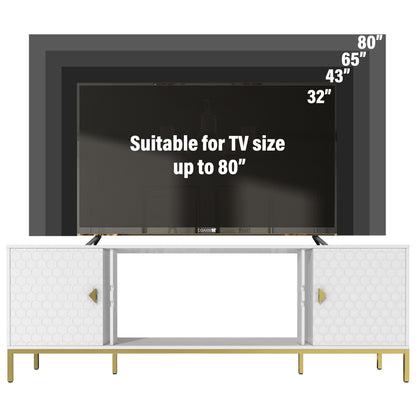 TV Stand Fireplace Space MDF White Honeycomb Door Gold Legs 80 LB 70 In