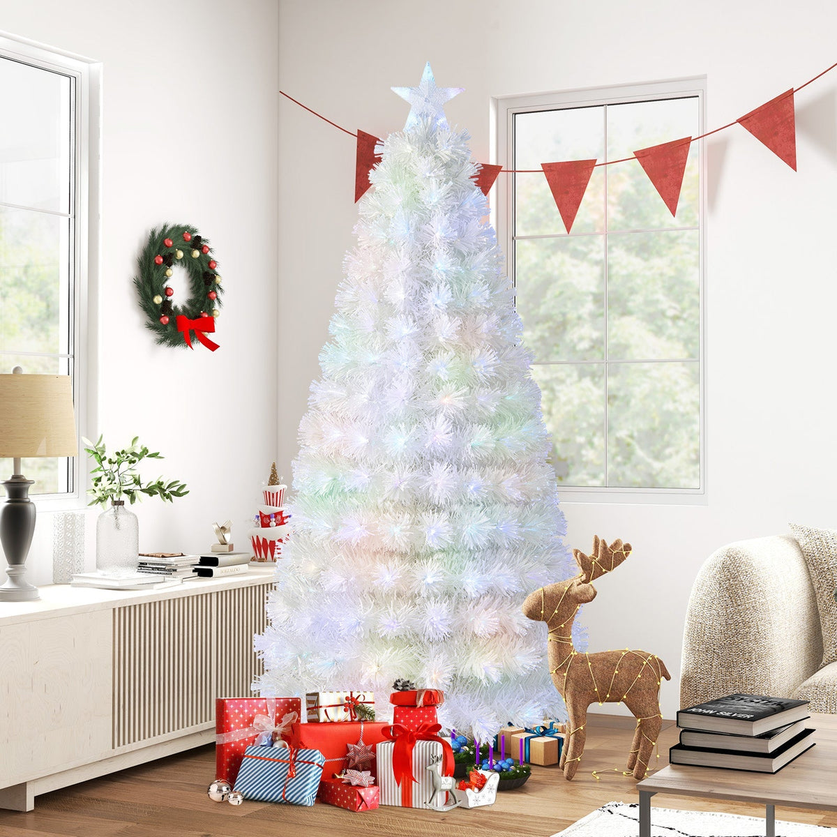 6/7 Feet Pre-Lit Fiber Optic White Snow-Flocked Artificial Christmas Tree