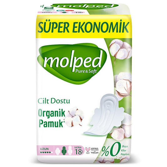 Molped Organic Cotton Sanitary Pads - Pure & Soft, Hypoallergenic, Vegan & Helal Certified for Comfort & Natural Menstrual Protection