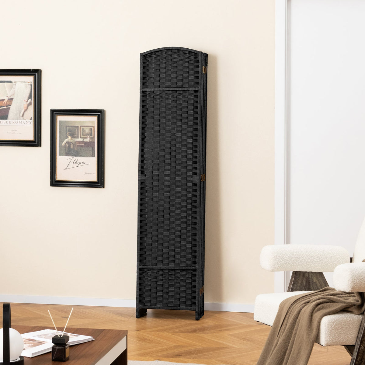 8-Panel Folding Room Divider with Hand-woven Texture and Wood Frame