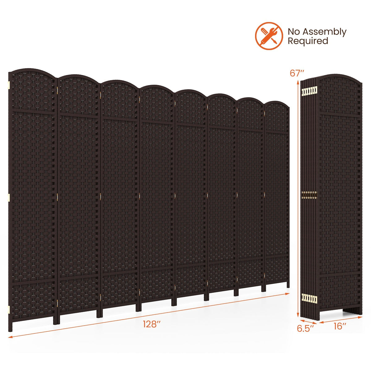 8-Panel Folding Room Divider with Hand-woven Texture and Wood Frame