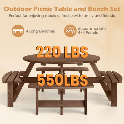 8-Person Round Picnic Table Set Circular Patio Dining Camping Table with Benches