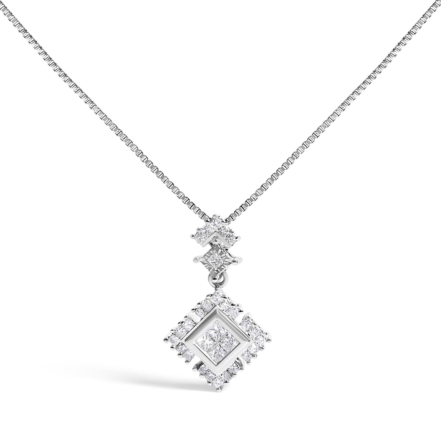 Princess Cut Diamond Rhombus Drop Pendant Necklace in 10K White Gold – 1/2 Cttw
