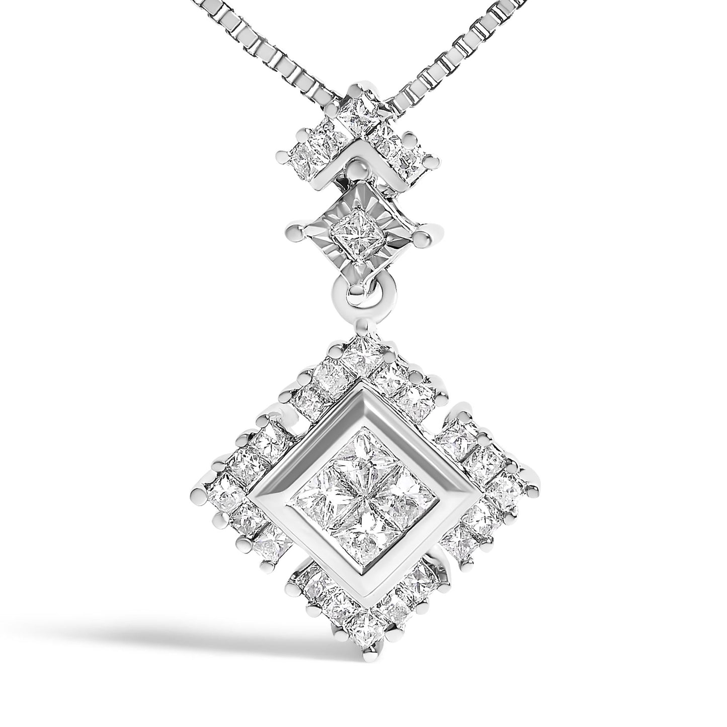 Princess Cut Diamond Rhombus Drop Pendant Necklace in 10K White Gold – 1/2 Cttw
