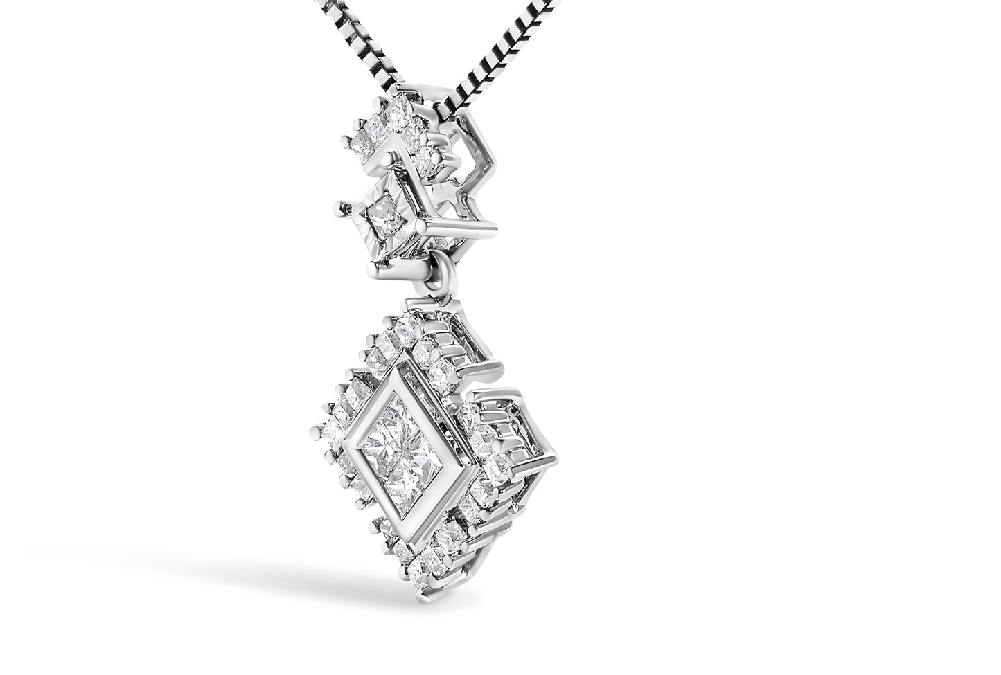 Princess Cut Diamond Rhombus Drop Pendant Necklace in 10K White Gold – 1/2 Cttw