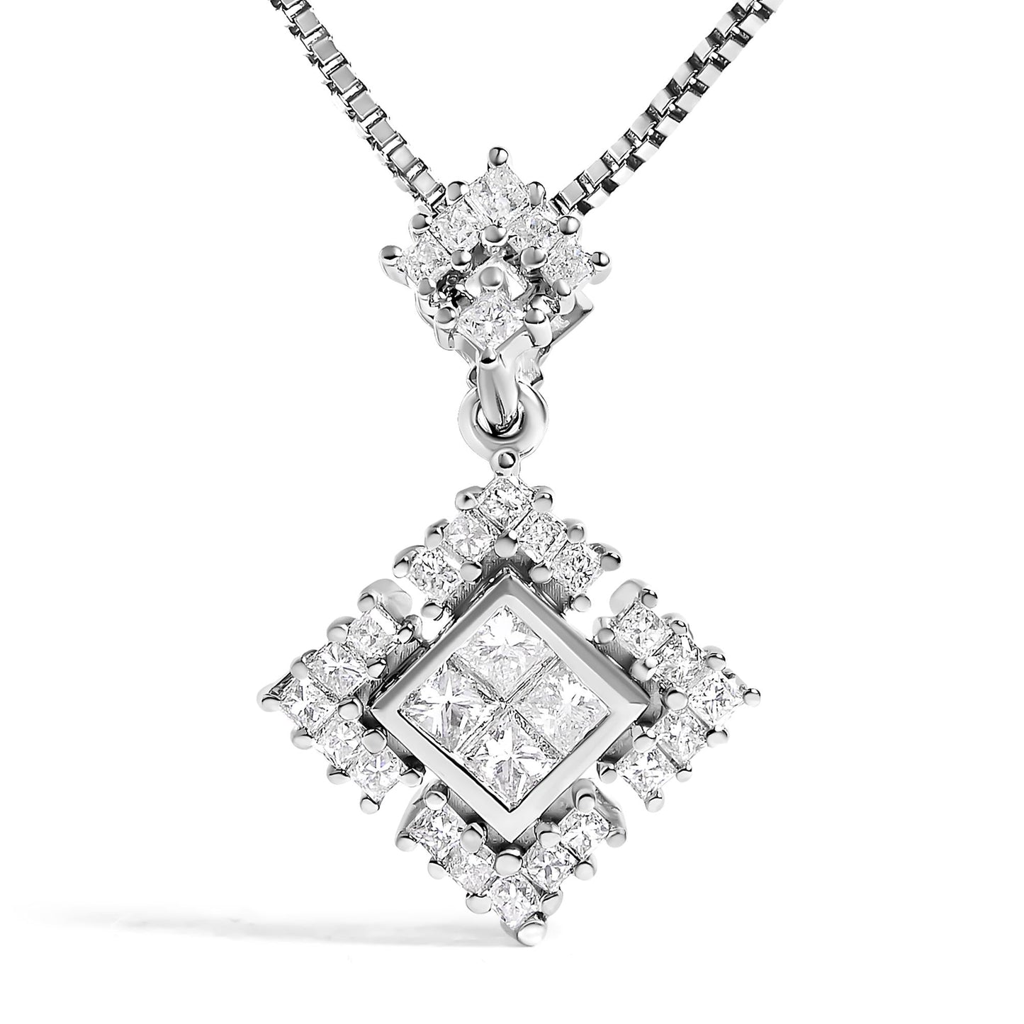 Princess Cut Diamond Geometric Pendant Necklace in Rhodium-Plated 10K White Gold