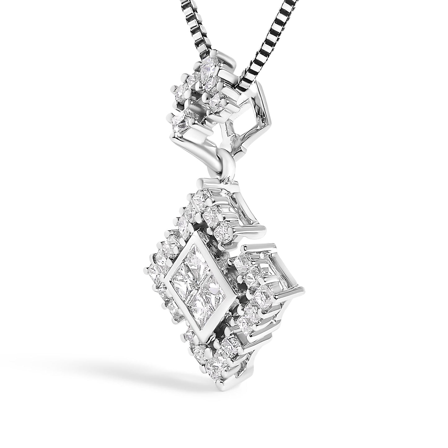 Princess Cut Diamond Geometric Pendant Necklace in Rhodium-Plated 10K White Gold