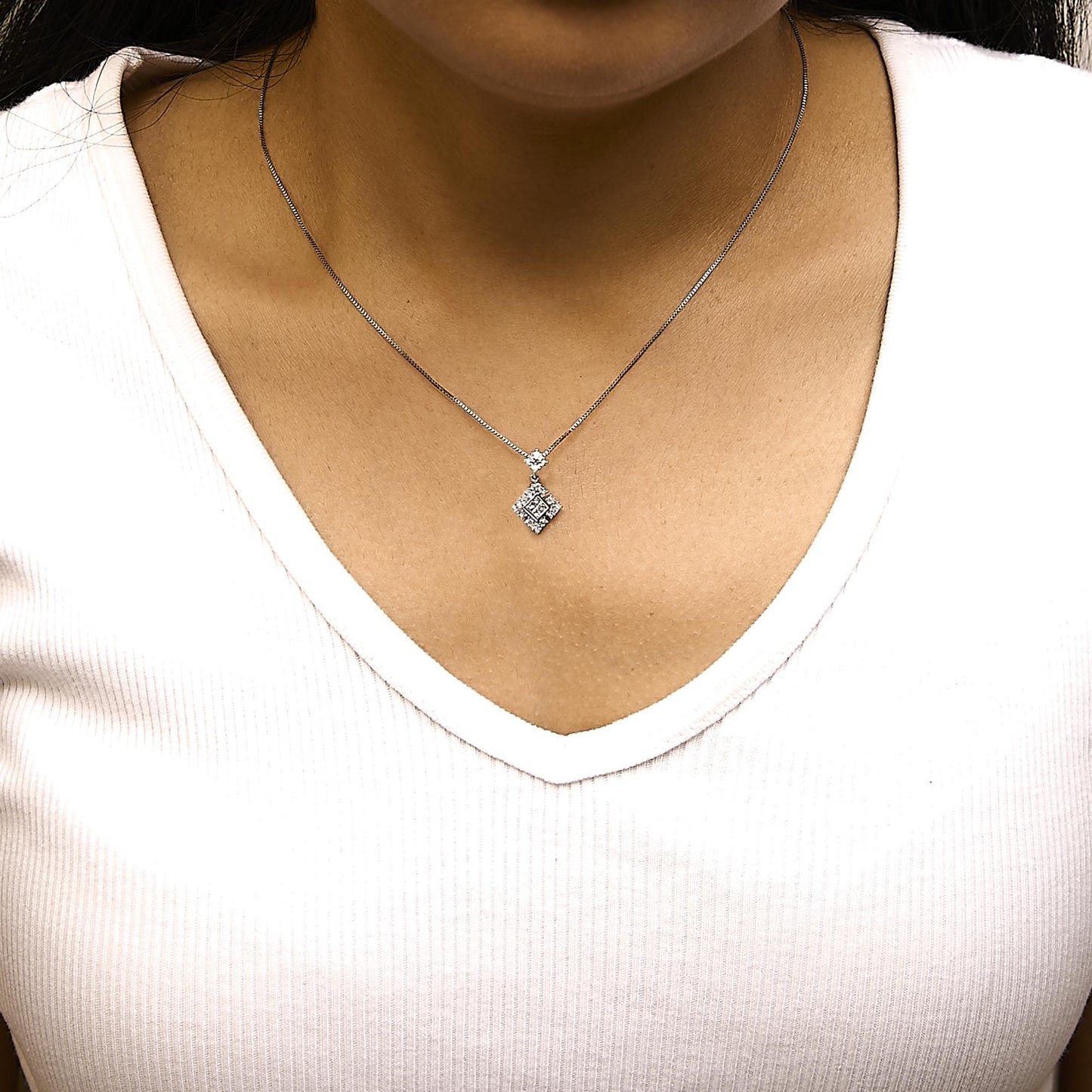 Princess Cut Diamond Geometric Pendant Necklace in Rhodium-Plated 10K White Gold