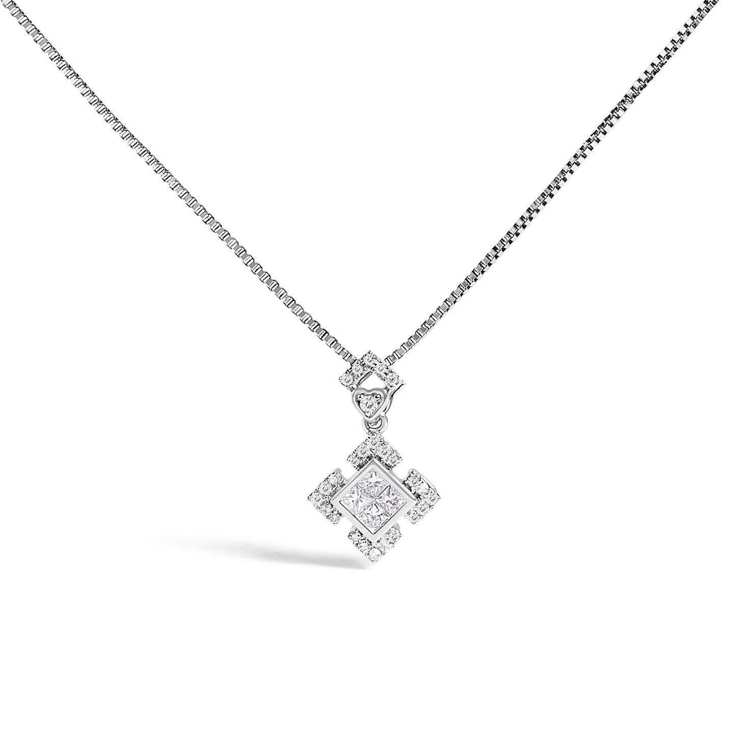 Diamond Geometric Halo Pendant Necklace in Rhodium-Plated 10K White Gold – 1/5 Cttw