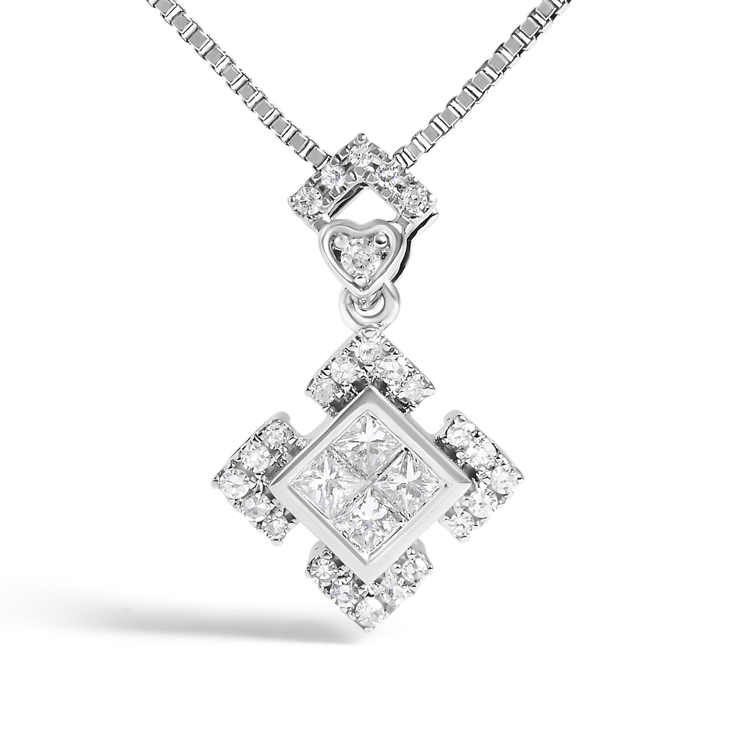 Diamond Geometric Halo Pendant Necklace in Rhodium-Plated 10K White Gold – 1/5 Cttw