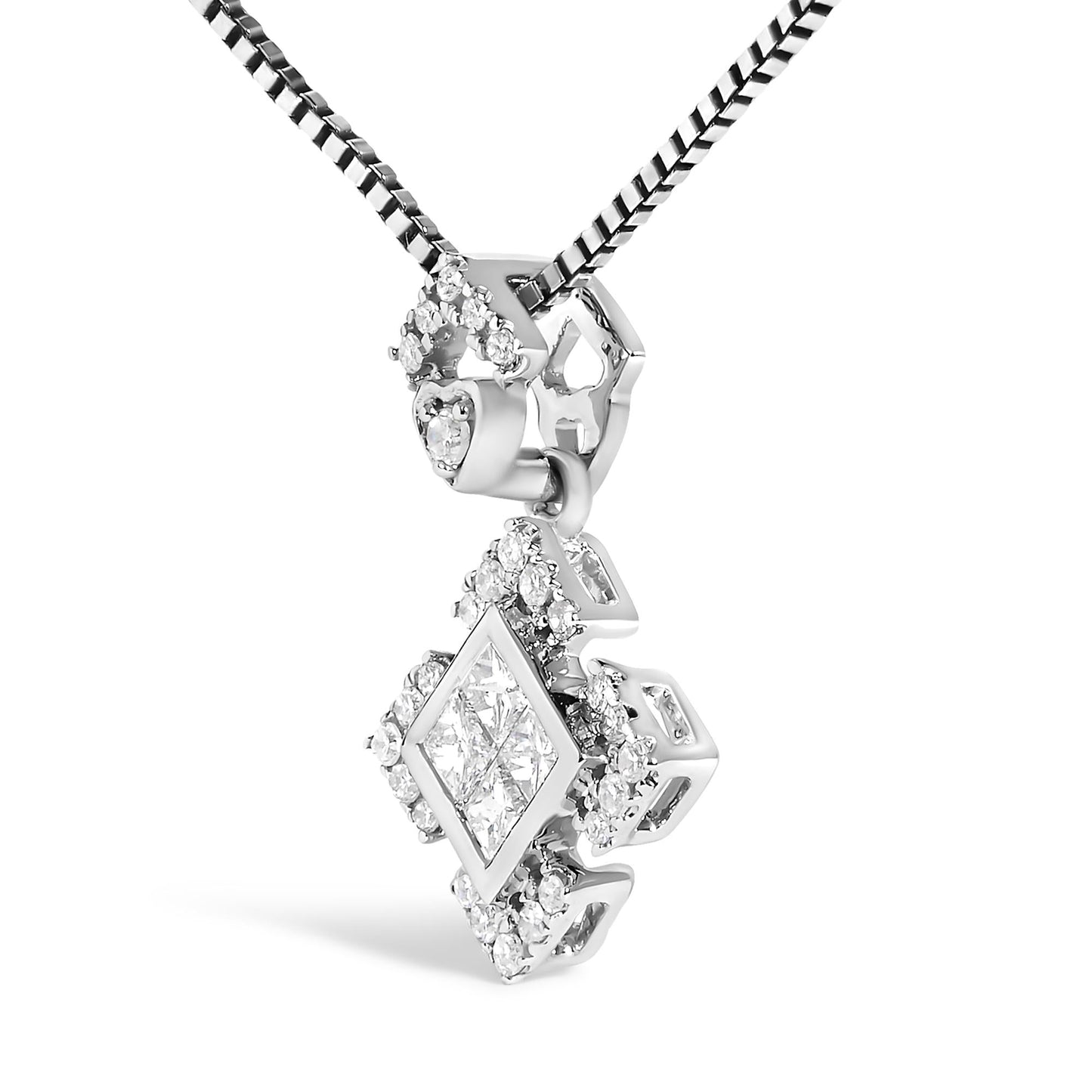 Diamond Geometric Halo Pendant Necklace in Rhodium-Plated 10K White Gold – 1/5 Cttw