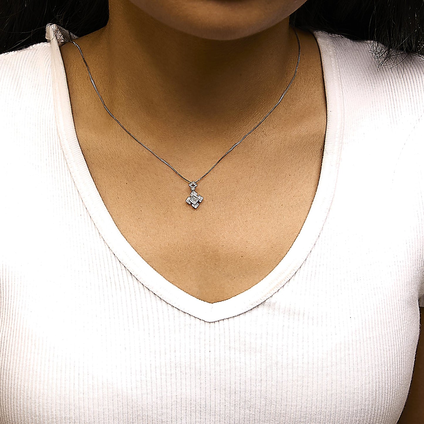 Diamond Geometric Halo Pendant Necklace in Rhodium-Plated 10K White Gold – 1/5 Cttw