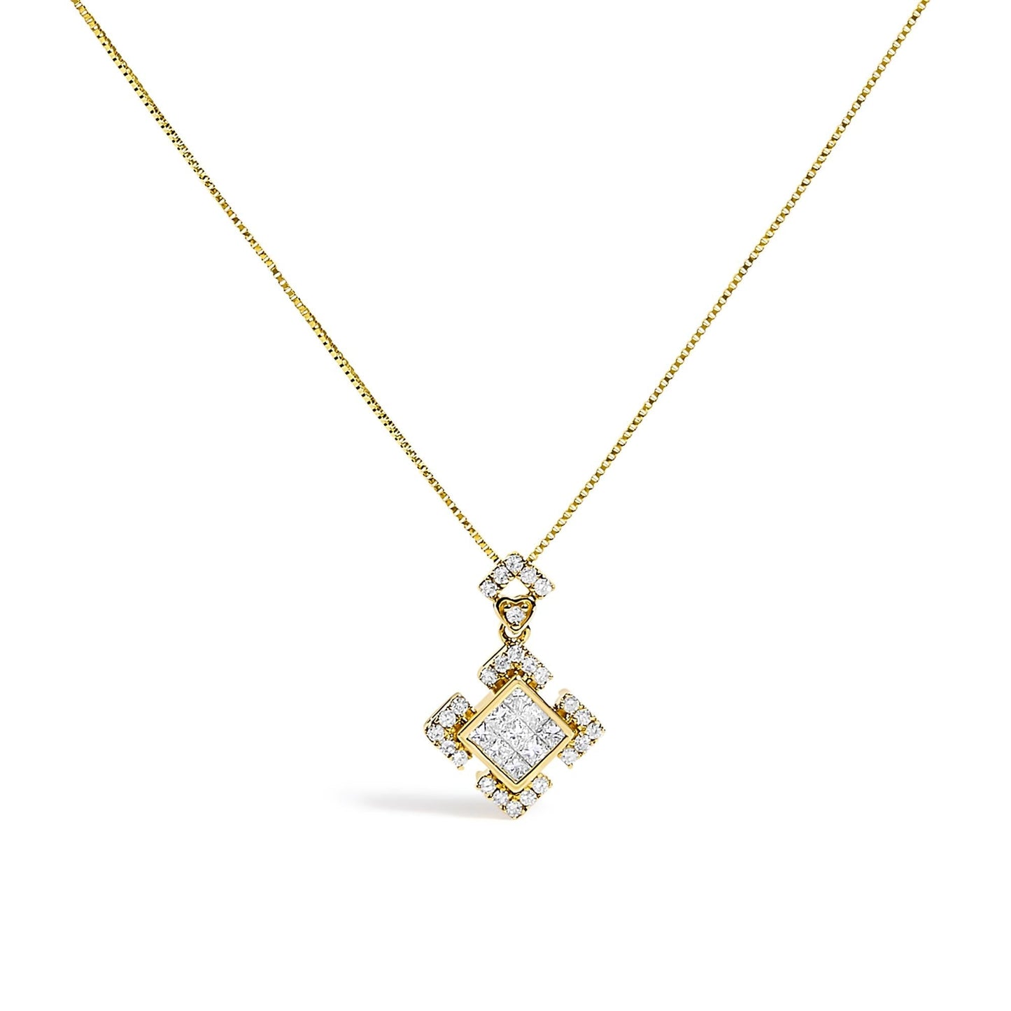 Princess Cut Diamond Geometric Halo Pendant Necklace in 10K Yellow Gold – 3/8 Cttw