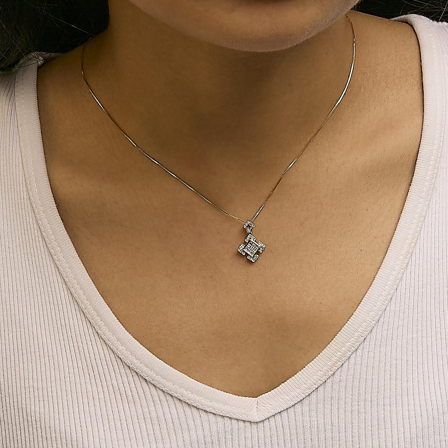 Princess Cut Diamond Geometric Halo Pendant Necklace in 10K Yellow Gold – 3/8 Cttw
