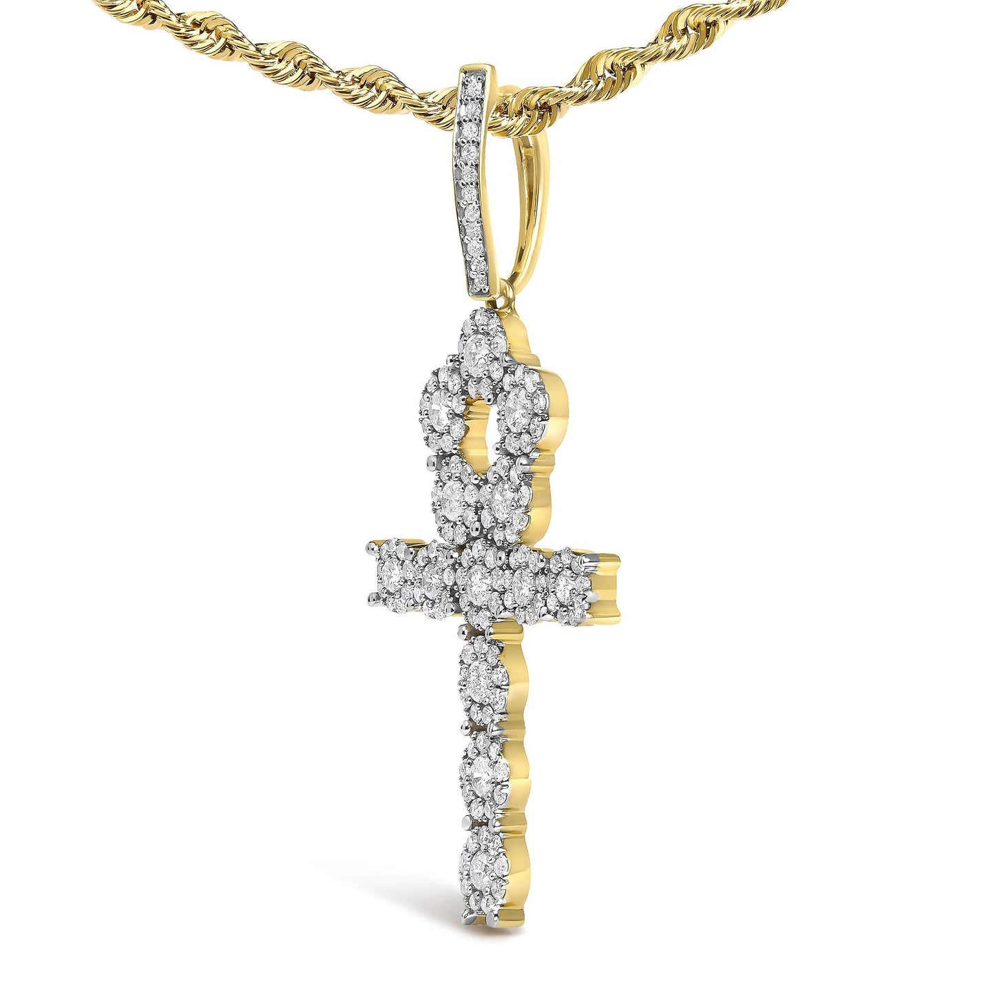 Diamond Cluster Ankh Cross Pendant Necklace in 10K Yellow Gold – 1 3/4 Cttw
