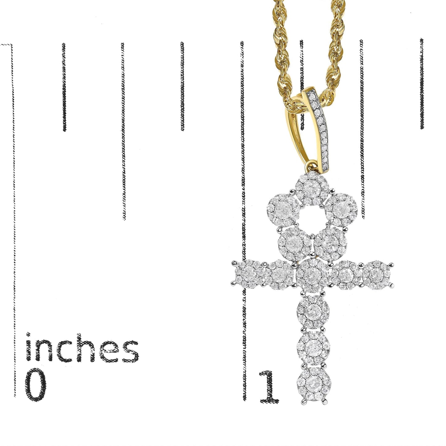 Diamond Cluster Ankh Cross Pendant Necklace in 10K Yellow Gold – 1 3/4 Cttw