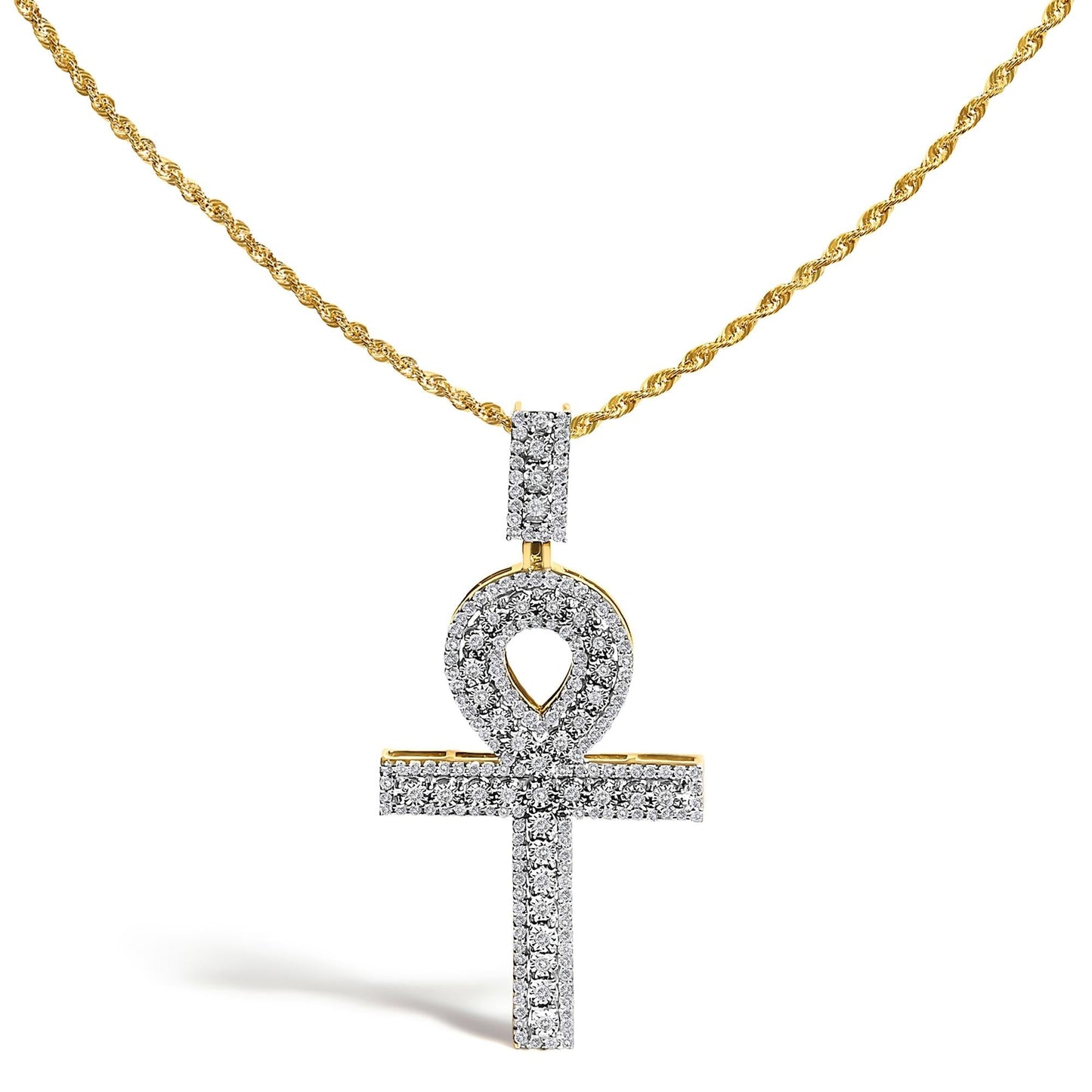 Diamond Pavé Ankh Cross Pendant Necklace in 10K Yellow Gold – 1.00 Cttw