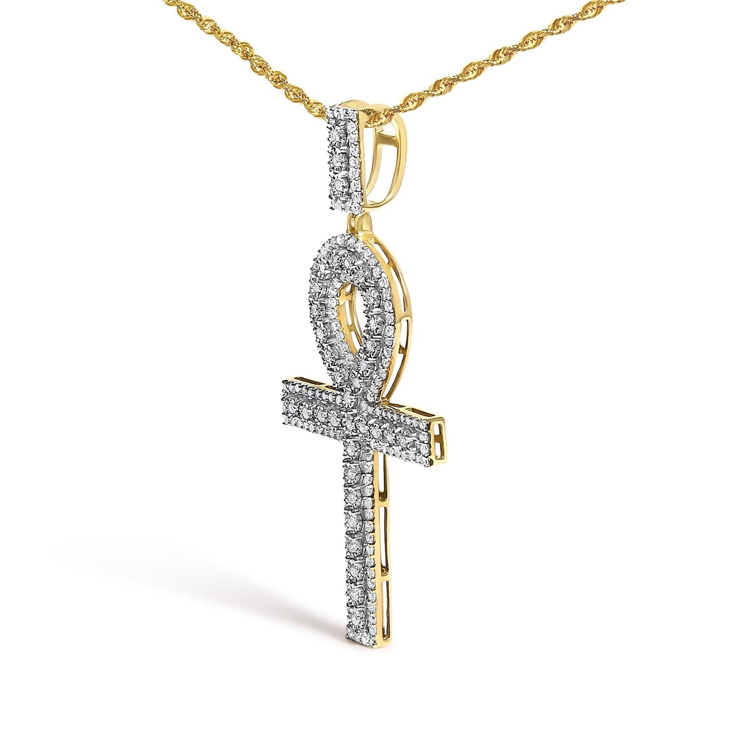 Diamond Pavé Ankh Cross Pendant Necklace in 10K Yellow Gold – 1.00 Cttw
