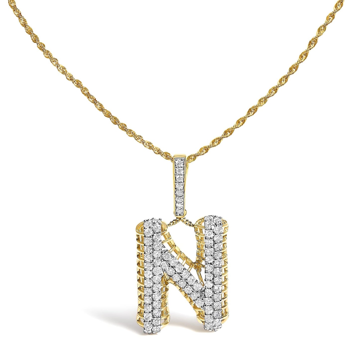 Diamond Letter N Initial Pendant Necklace in 10K Yellow Gold – 1 1/2 Cttw