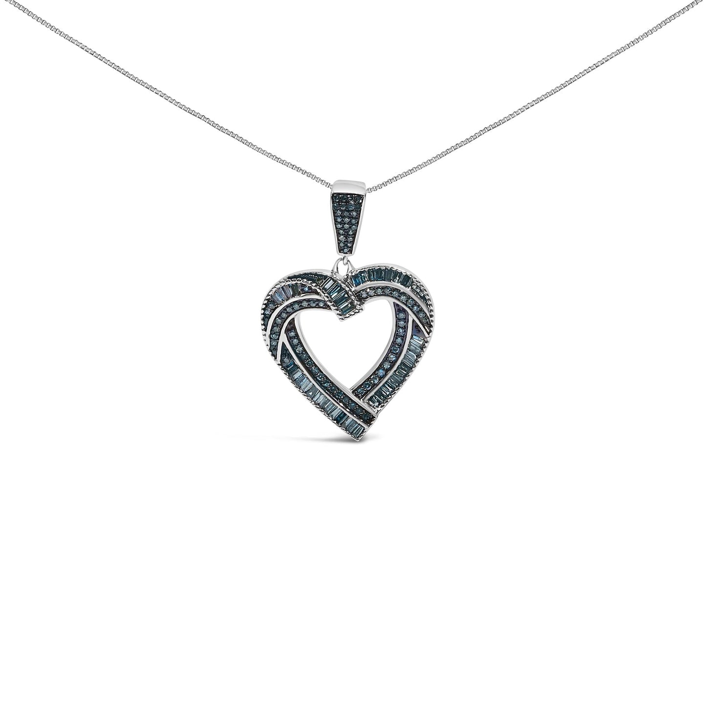 Treated Blue Diamond Open Heart Pendant Necklace in Sterling Silver – 1 Cttw