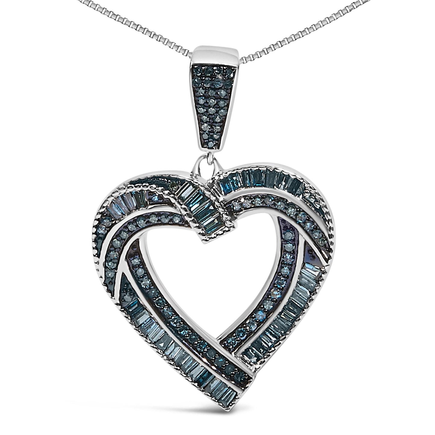 Treated Blue Diamond Open Heart Pendant Necklace in Sterling Silver – 1 Cttw