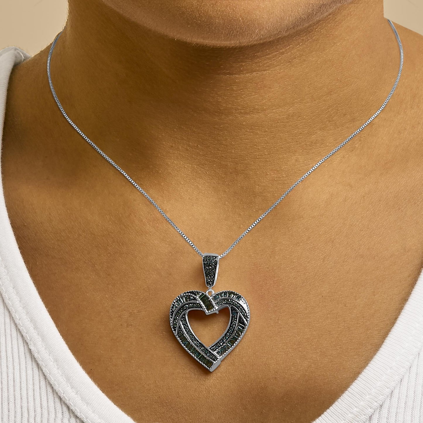 Treated Blue Diamond Open Heart Pendant Necklace in Sterling Silver – 1 Cttw