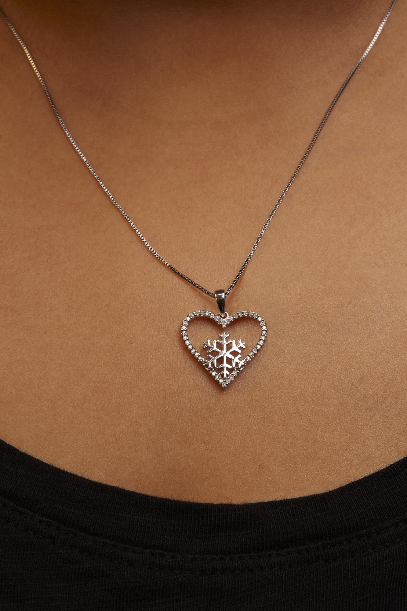 Diamond Heart & Snowflake Pendant Necklace in .925 Sterling Silver – 18"