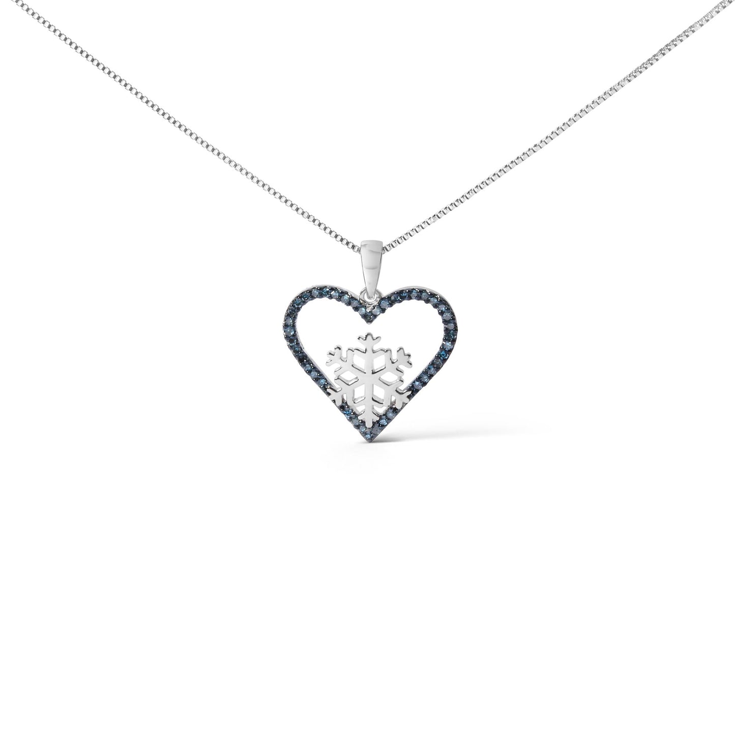 Treated Blue Diamond Heart & Snowflake Pendant Necklace in Sterling Silver
