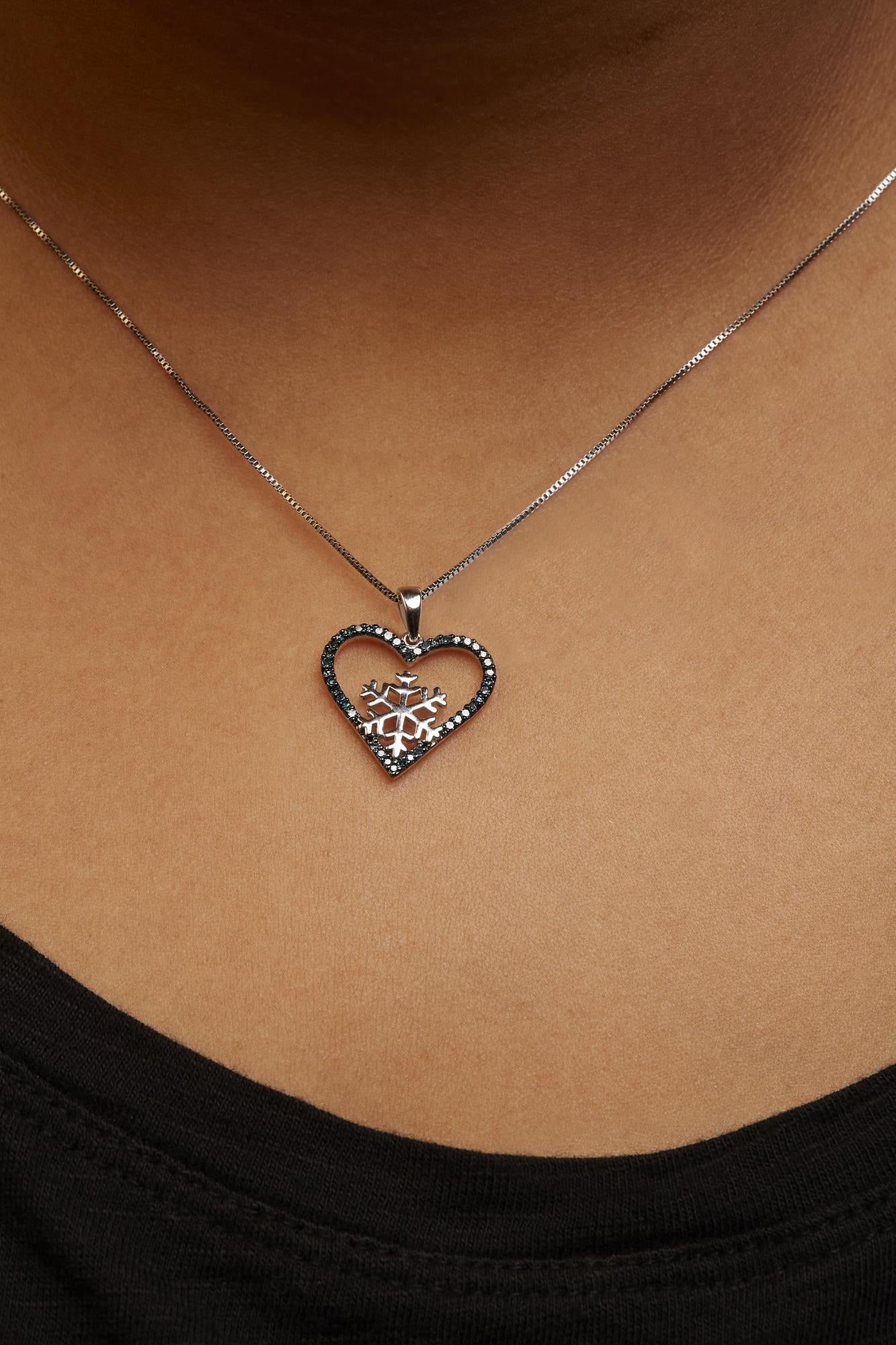 Treated Blue Diamond Heart & Snowflake Pendant Necklace in Sterling Silver