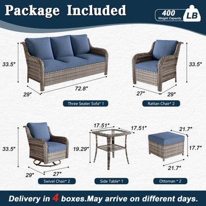 Outdoor Patio Set PE Rattan Swivel Chairs Gray Blue Footstools