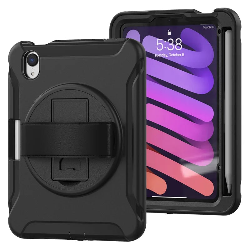 360 Degree Rotary Kickstand PC + TPU Hybrid Tablet Case Cover with Hand Strap for iPad mini (2024) / mini (2021)