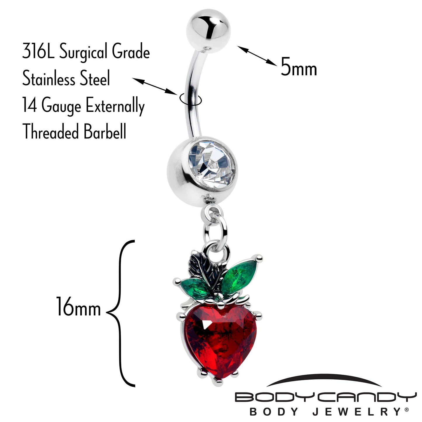 Clear Red Green Gem Strawberry Heart Dangle Belly Ring