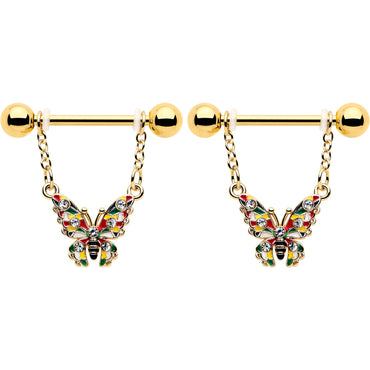 14G 9/16 Clear Gem Gold Tone Color Block Butterfly Dangle Nipple Ring Set