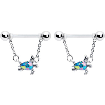 14G 9/16 Glitter Turtle Chain Dangle Nipple Ring Set