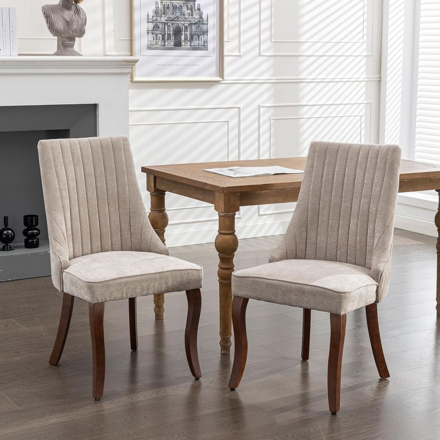 Beige Upholstered Dining Chairs 2 Pack Curved Wood Legs