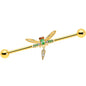 14G Green Gem Gold Tone Swank Dragonfly Dangle Industrial Barbell 38mm